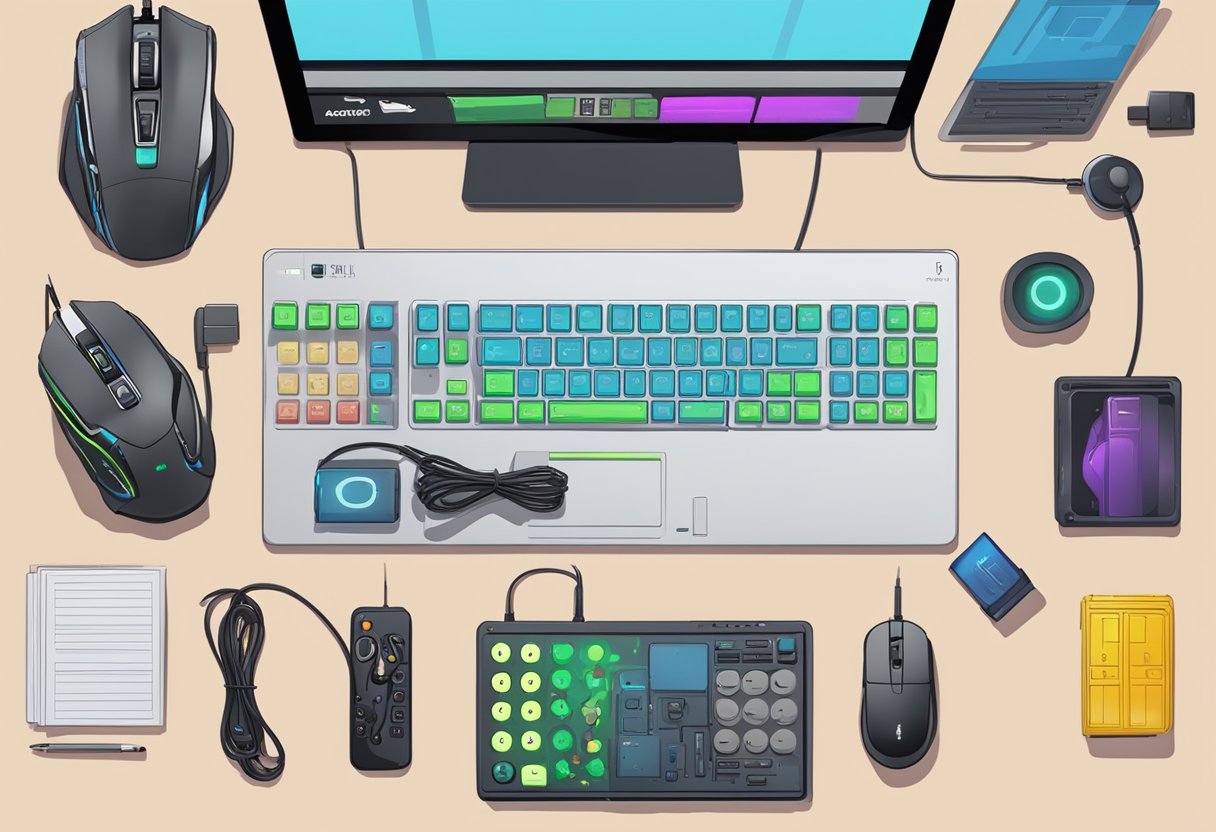 A custom gaming pad with "Frequently Asked Questions" printed on it, surrounded by gaming accessories and a computer setup