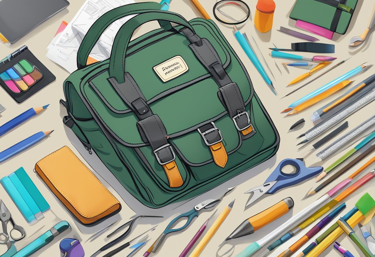 A personalized art bag with "Frequently Asked Questions" printed on it, surrounded by various art supplies and tools