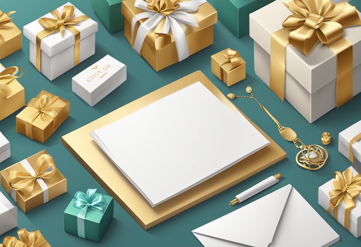 A table with branded gift boxes, a variety of luxury items, and a thank you card