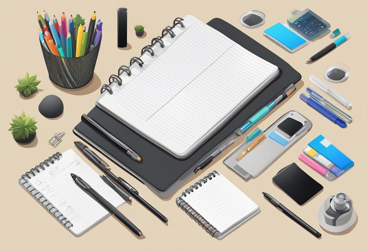 A notebook with various customisation options displayed on a table. Pens, stickers, and other accessories are arranged neatly next to the notebook