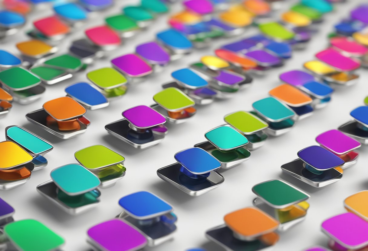 A collection of colorful corporate logo pins arranged in a grid pattern on a sleek, modern tabletop