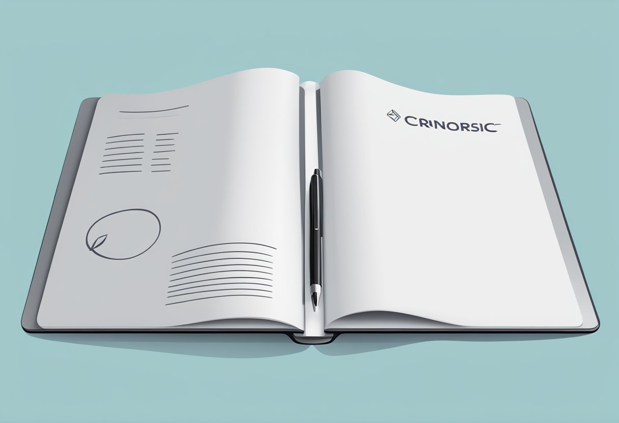 A sleek corporate notebook sits open on a desk, adorned with a minimalist logo and filled with neatly written notes