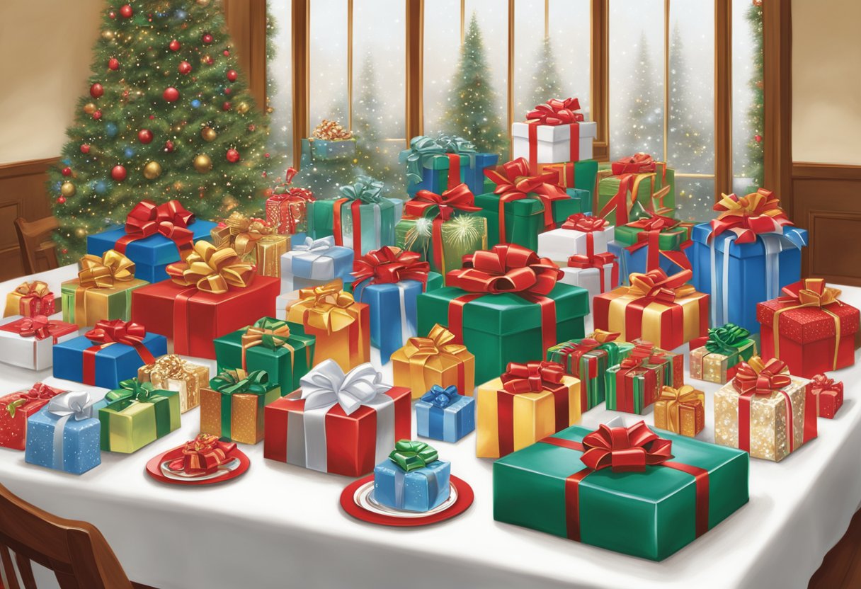 A table adorned with festive corporate gifts, each personalized with company logos and names. Ribbons and bows add a touch of holiday cheer