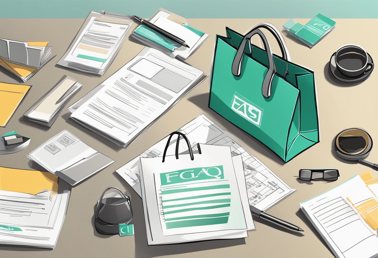 A table with various custom corporate gift bags, a stack of FAQ sheets, and a pen