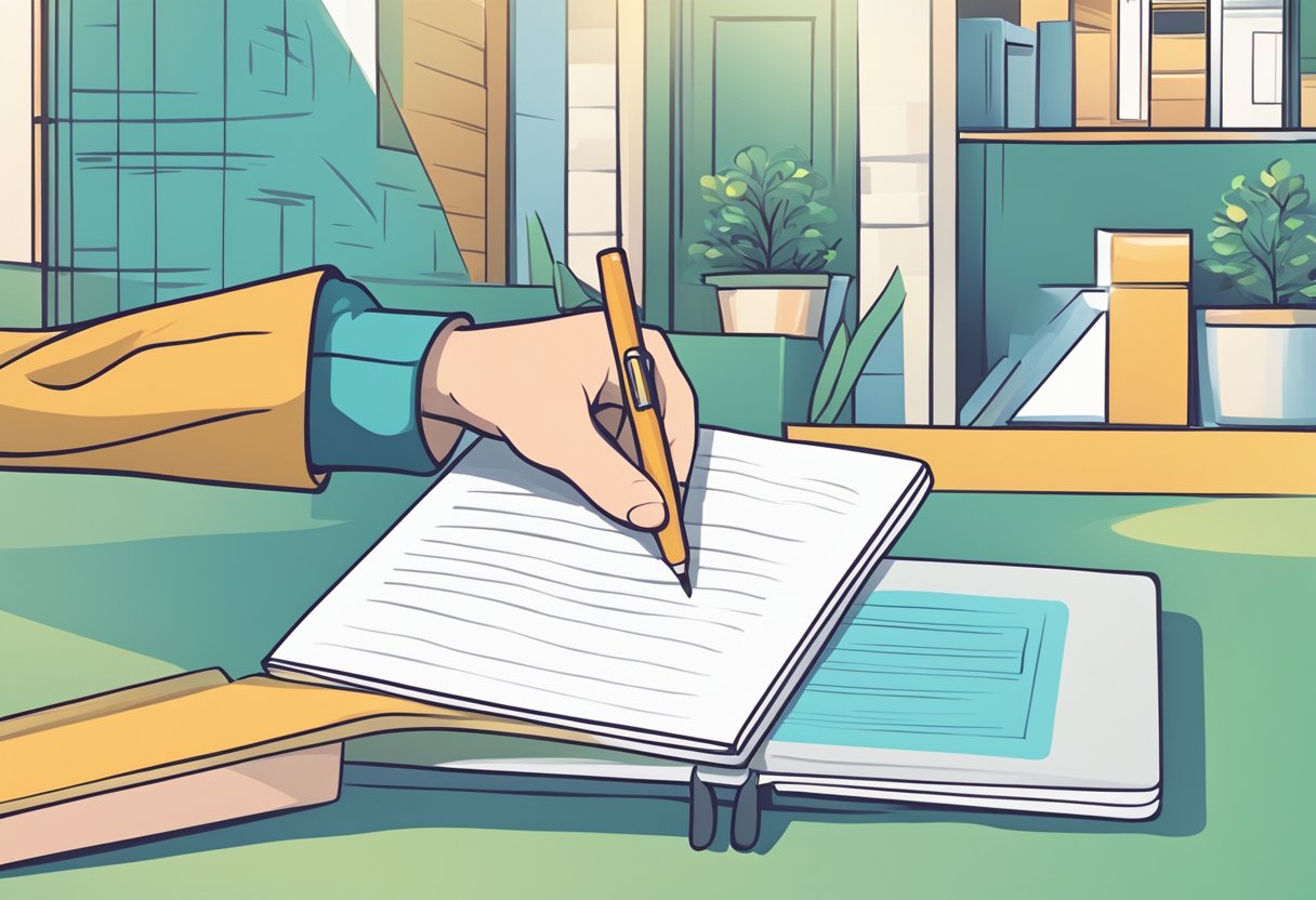 A customer selects notebook color and adds personalized text. A delivery person hands over the customized notebook at the customer's doorstep