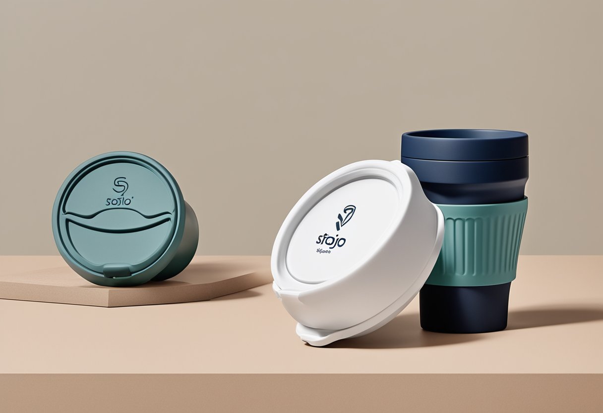 A hand reaches for a Stojo S1 collapsible cup, branded as a corporate gift. The cup is compact and stylish, with the company logo prominently displayed