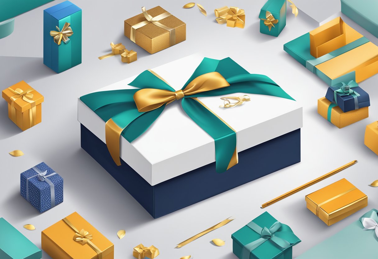 A hand reaches for a sleek, personalized corporate gift box, filled with high-quality items. The company logo is elegantly embossed on each item