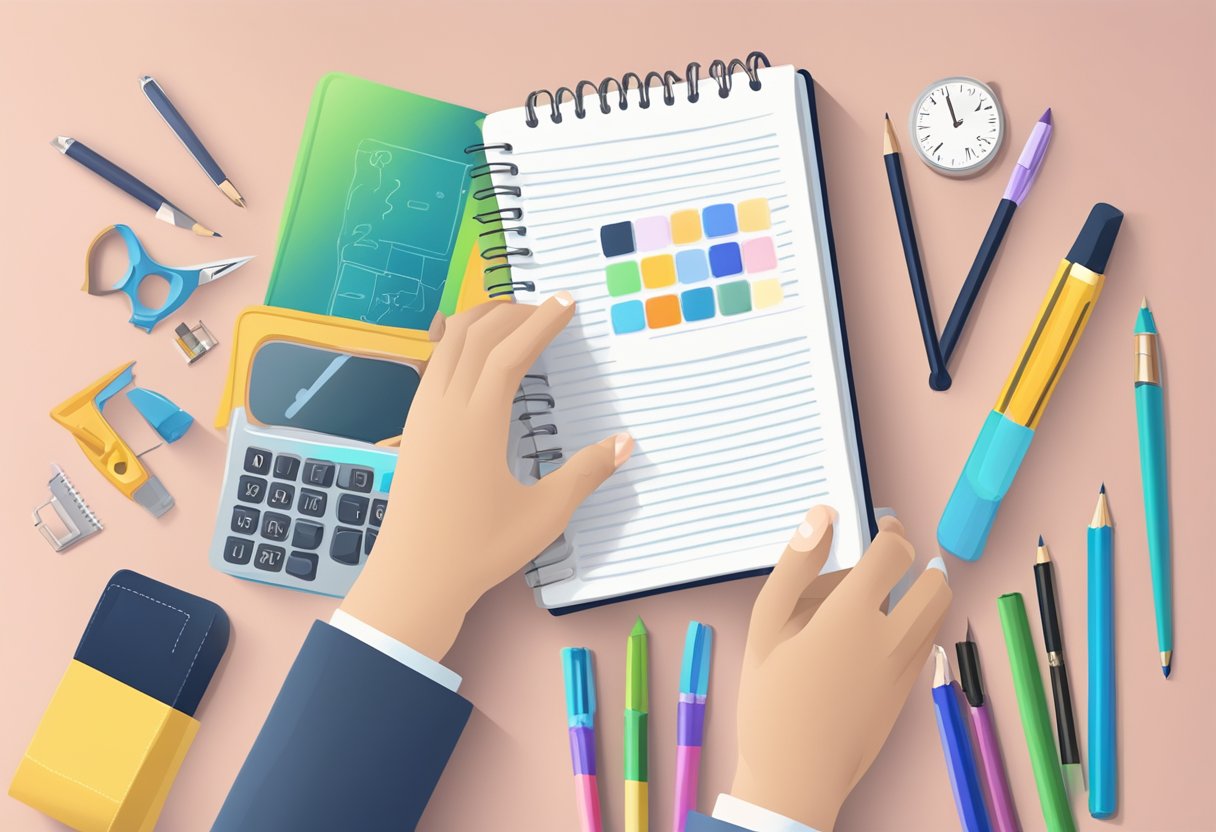 A hand reaches for a notebook with "Frequently Asked Questions" on the cover, surrounded by art supplies and customization tools