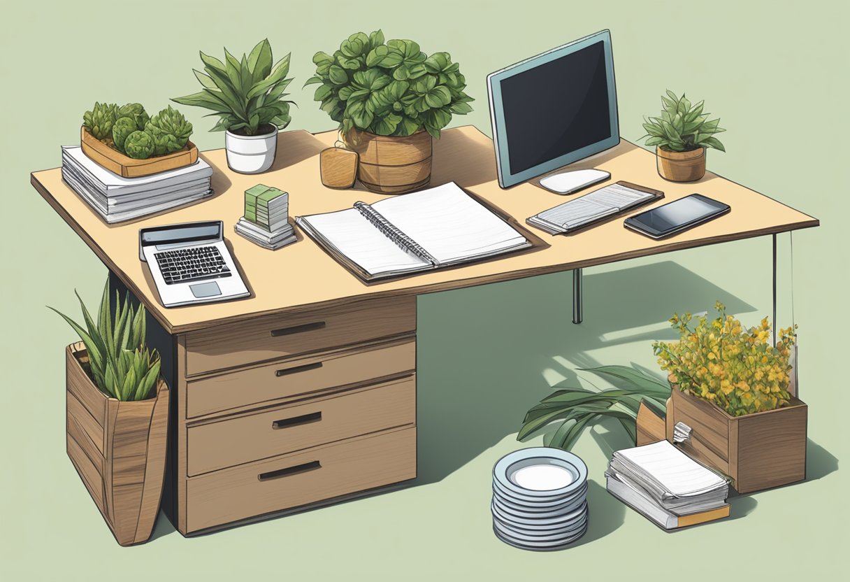 A conference table with a stack of unique corporate gifts such as personalized plants, custom-designed desk organizers, and artisanal food baskets