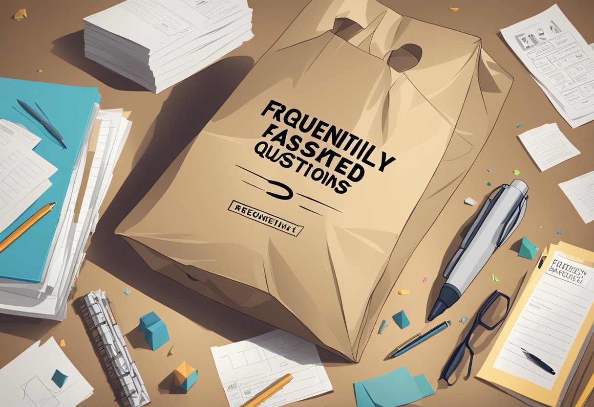 A paper bag labeled "Frequently Asked Questions" sits on a table, surrounded by scattered papers and a pen