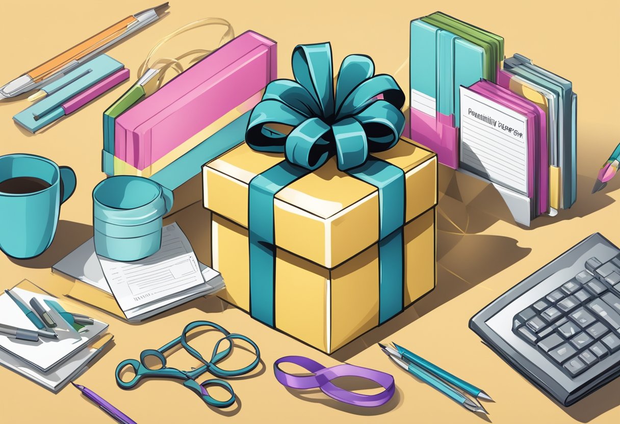 A neatly wrapped gift box with a ribbon, surrounded by various office supplies and a sign that reads "Frequently Asked Questions perfect corporate gift."