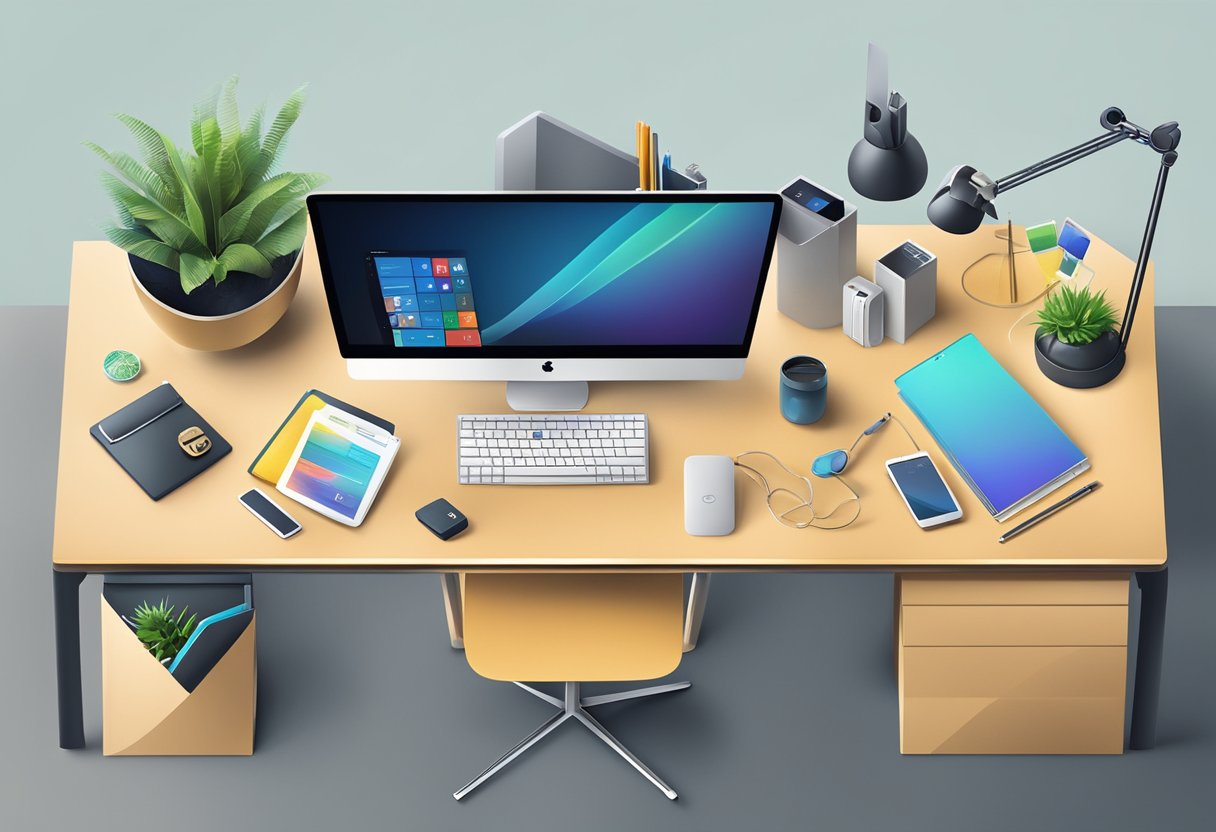 A sleek, modern office desk with a variety of unique and creative corporate gifts displayed, including tech gadgets, personalized items, and eco-friendly products