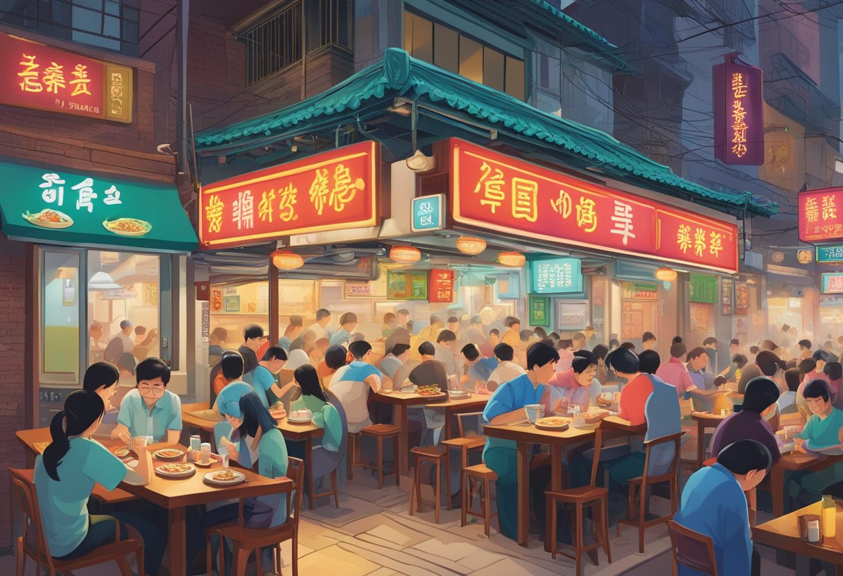 The bustling Ong Yong Lee Eating House, with its vibrant neon sign, crowded tables, and sizzling woks, exudes the aroma of sizzling stir-fry and the clinking of cutlery