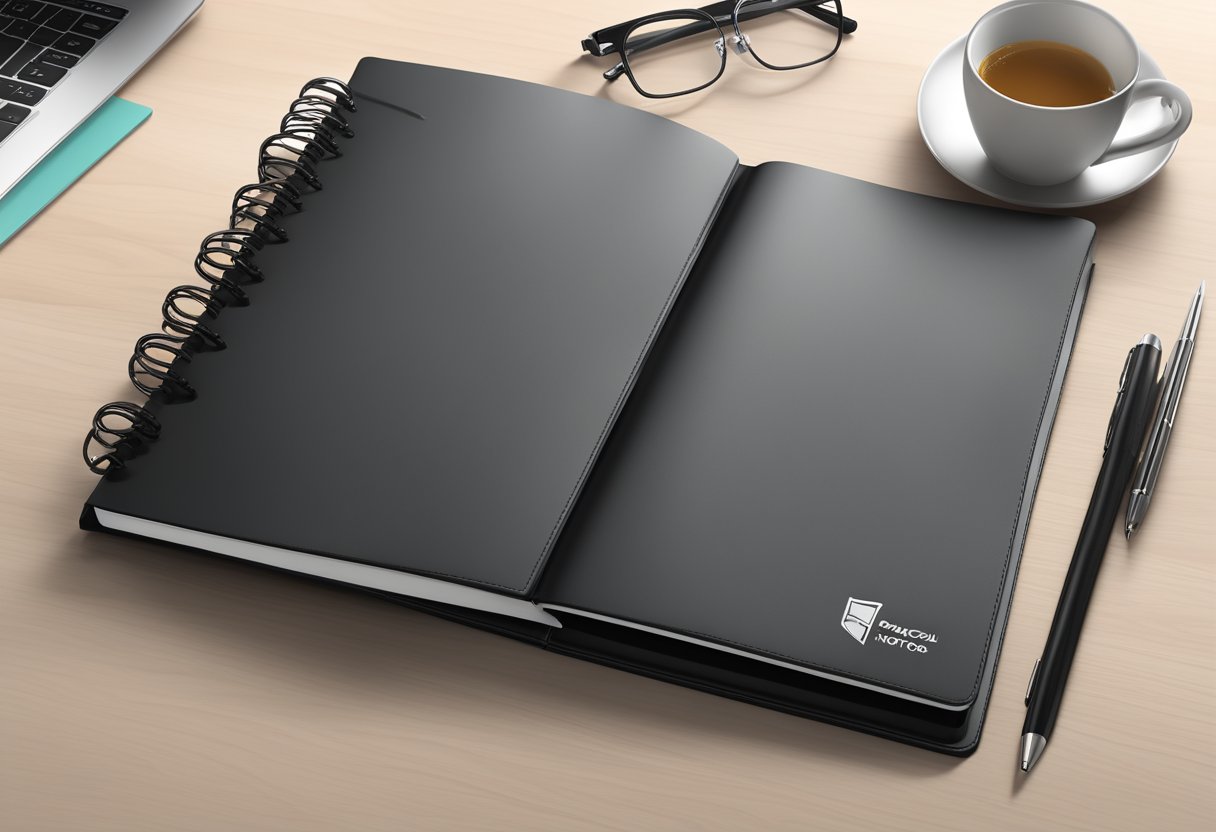 A sleek black notebook with the Practical Features logo embossed on the cover, open to a page filled with neatly organized notes and diagrams