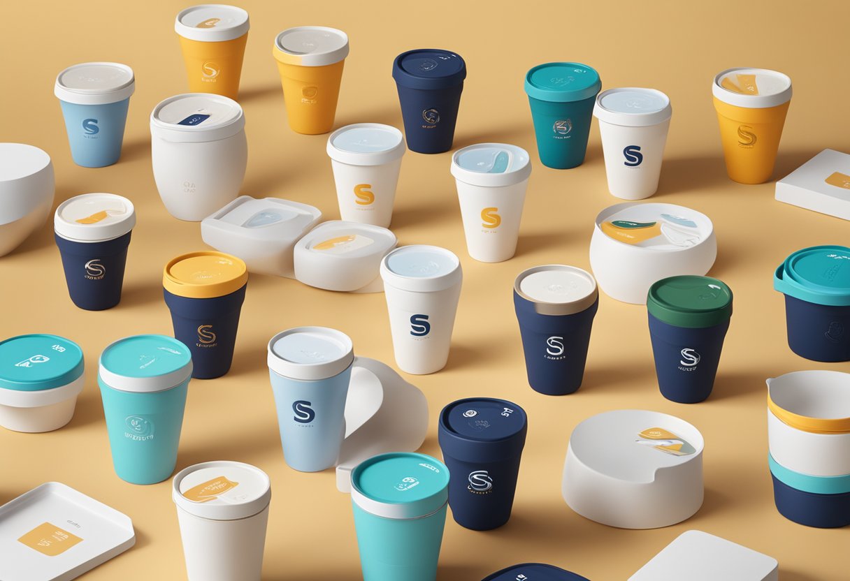 A table displaying multiple customized Stojo S1 collapsible cups with corporate logos, surrounded by gift packaging and promotional materials