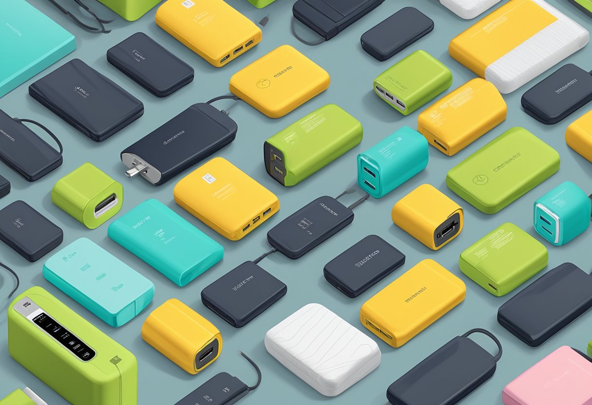 A stack of portable chargers arranged in neat rows, with packaging and shipping labels nearby