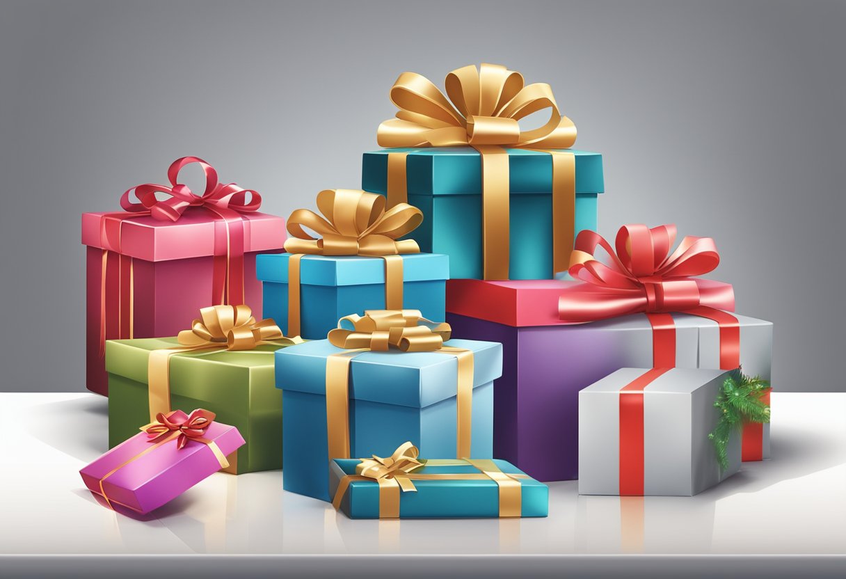 A group of elegantly wrapped corporate holiday gifts displayed on a sleek, modern table, with personalized tags and luxurious ribbons