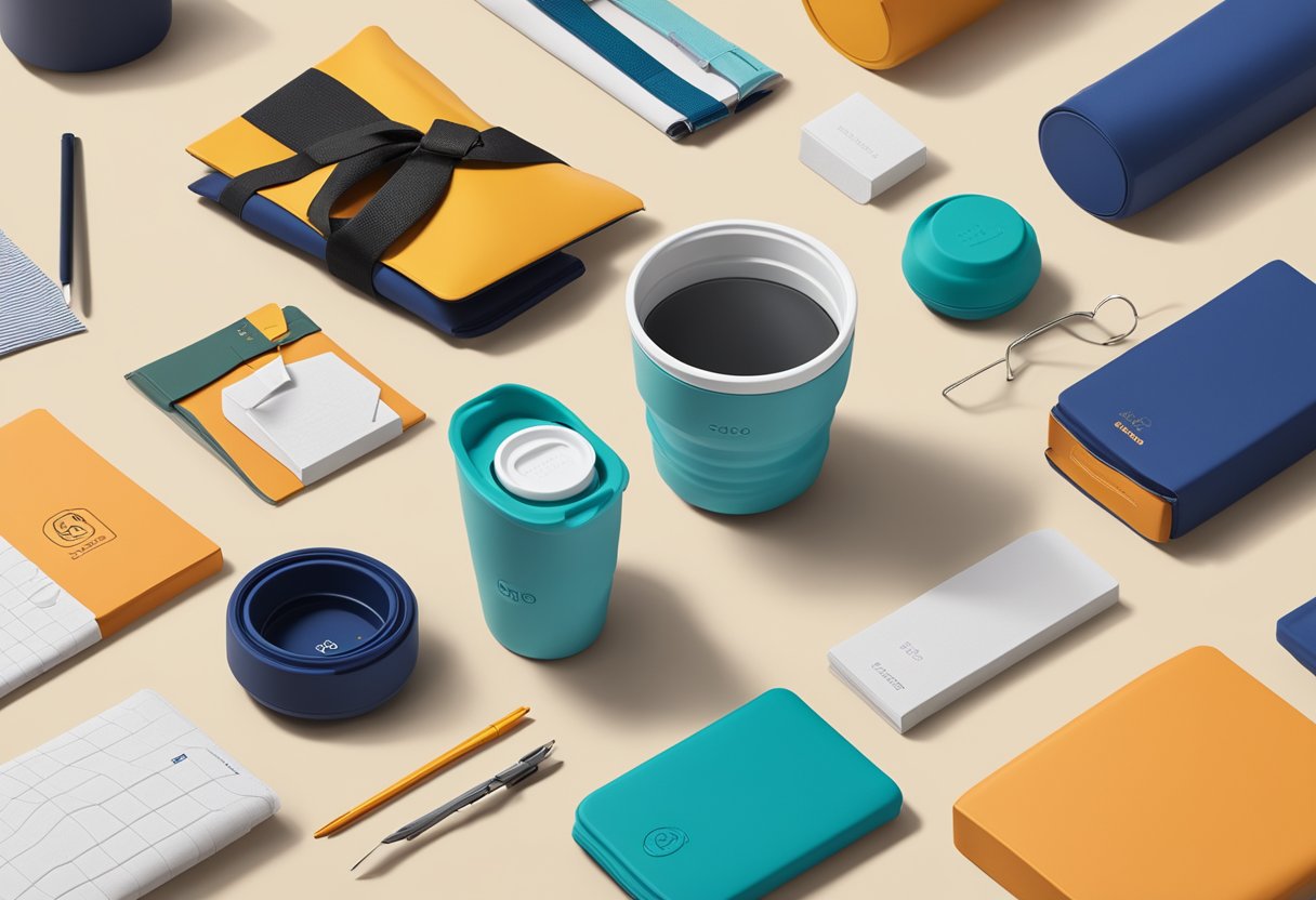 A stojo s1 collapsible cup surrounded by corporate gift items, with a "Frequently Asked Questions" sign nearby