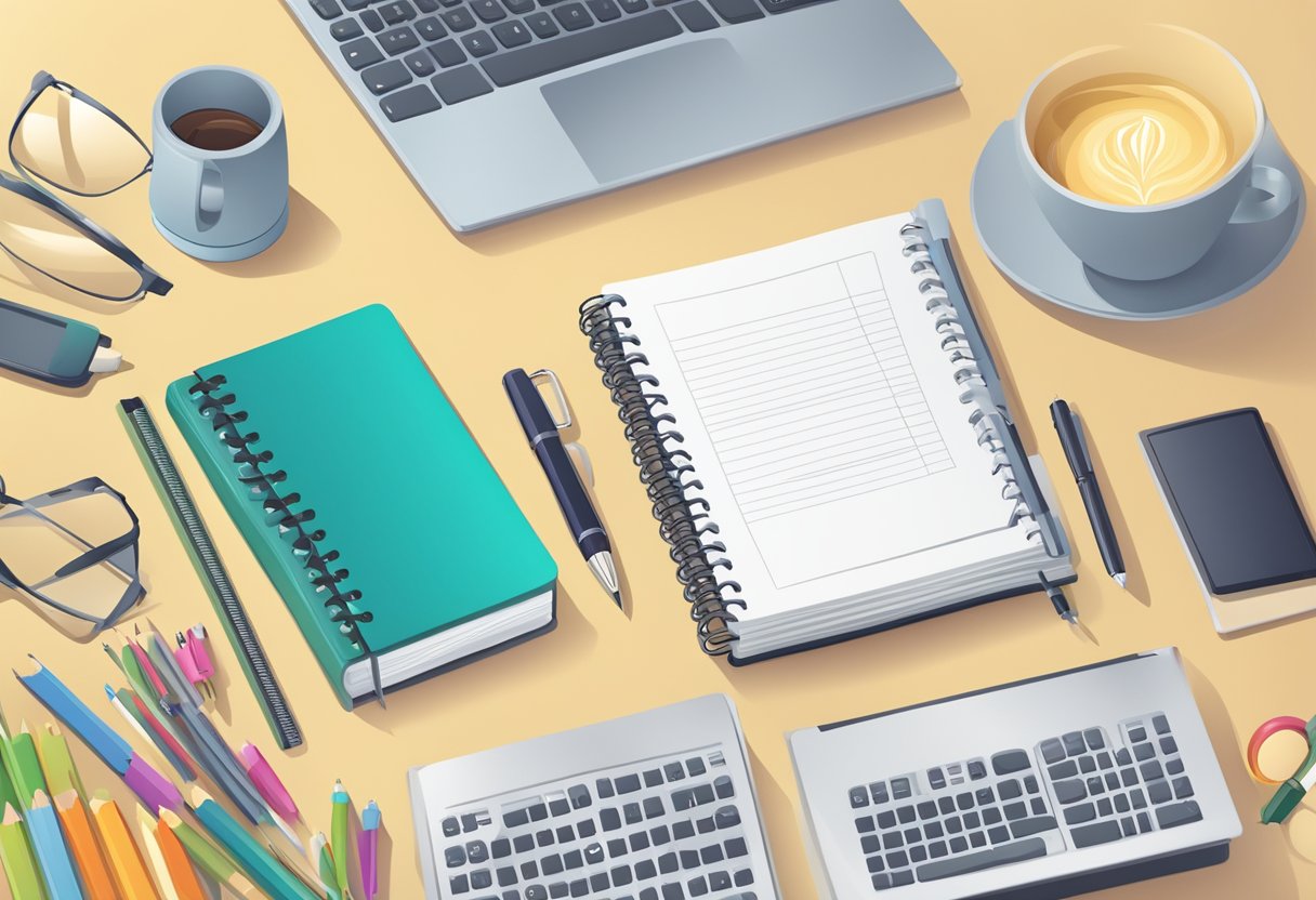 A corporate notebook with "Frequently Asked Questions" printed on the cover, surrounded by office supplies and a computer