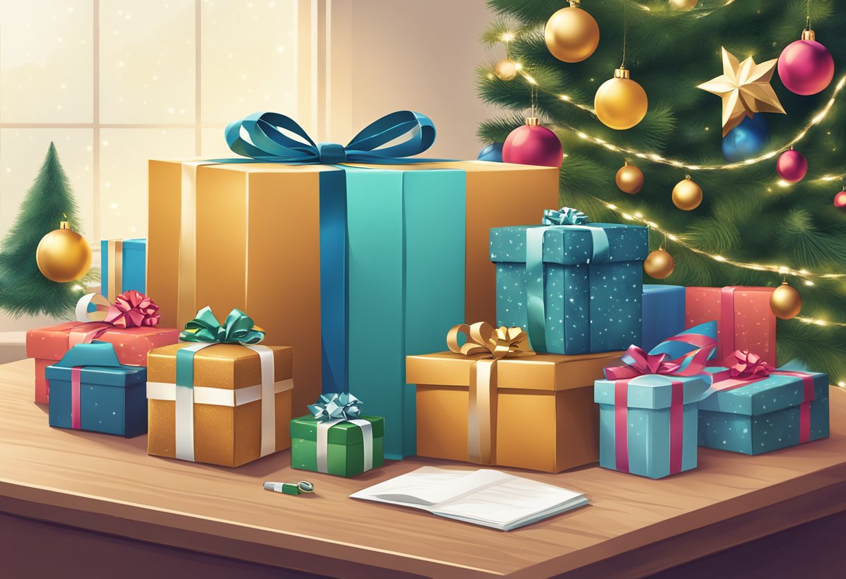 A festive gift box with a personalized logo sits on a desk, surrounded by holiday decorations and a sign reading "Frequently Asked Questions personalized corporate holiday gifts."