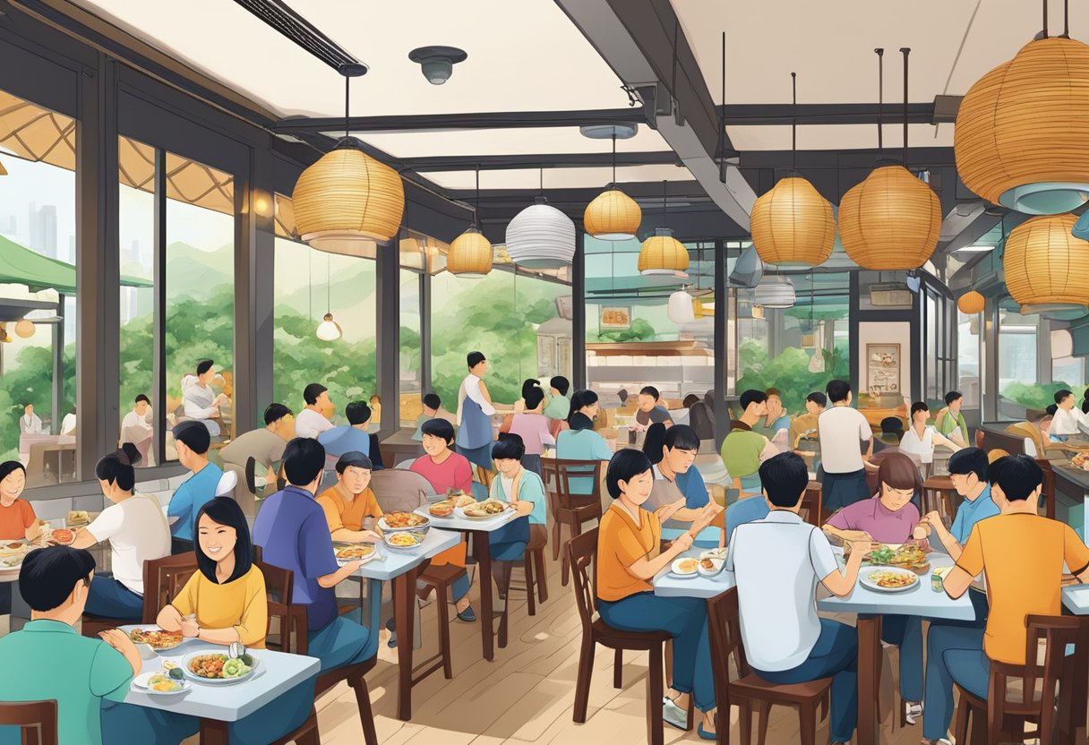 Customers enjoying a variety of local dishes at Ong Yong Lee Eating House, with colorful tables and chairs, and a bustling atmosphere