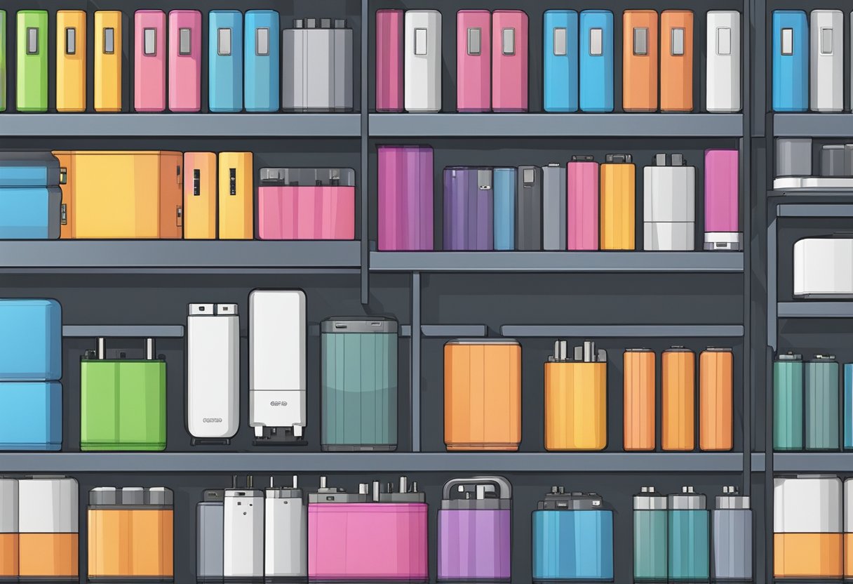 A stack of portable chargers in bulk order, neatly arranged on a shelf, with various sizes and colors, ready for use