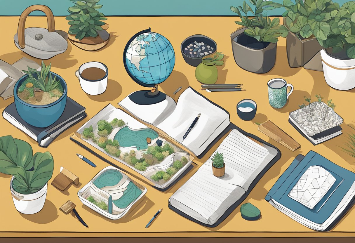 A table filled with quirky items: a mini zen garden, a puzzle globe, a unique desk organizer, and a custom-designed mug