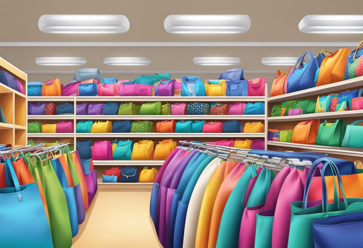 Colorful nylon bags custom printed with various designs, stacked neatly on display shelves in a vibrant and bustling market