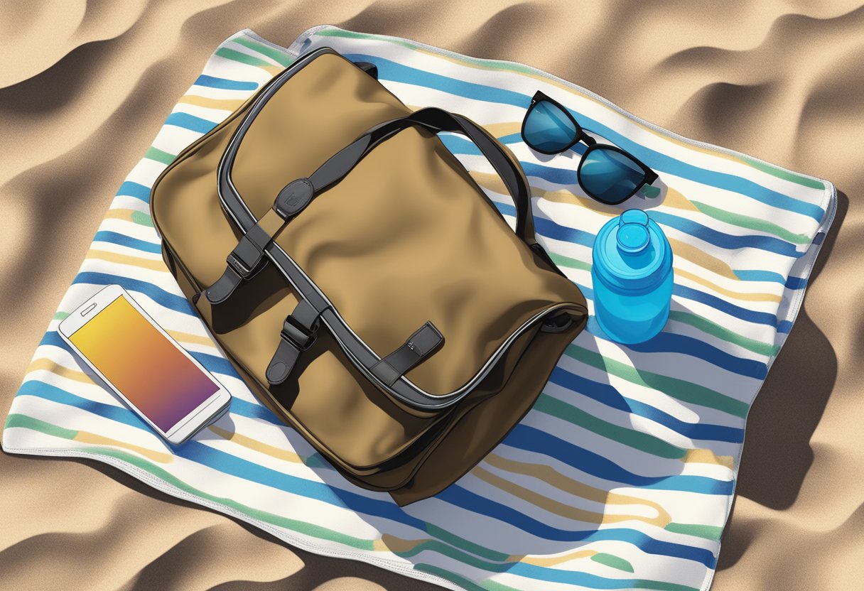 A custom nylon bag filled with essentials, including a water bottle, notebook, and sunglasses, sits on a sunlit beach towel
