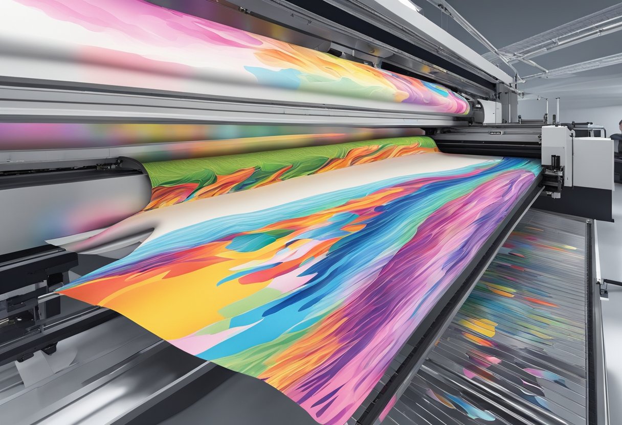 A golf umbrella being printed with a colorful design on a large printing machine. Ink is being applied to the fabric as it moves through the machine