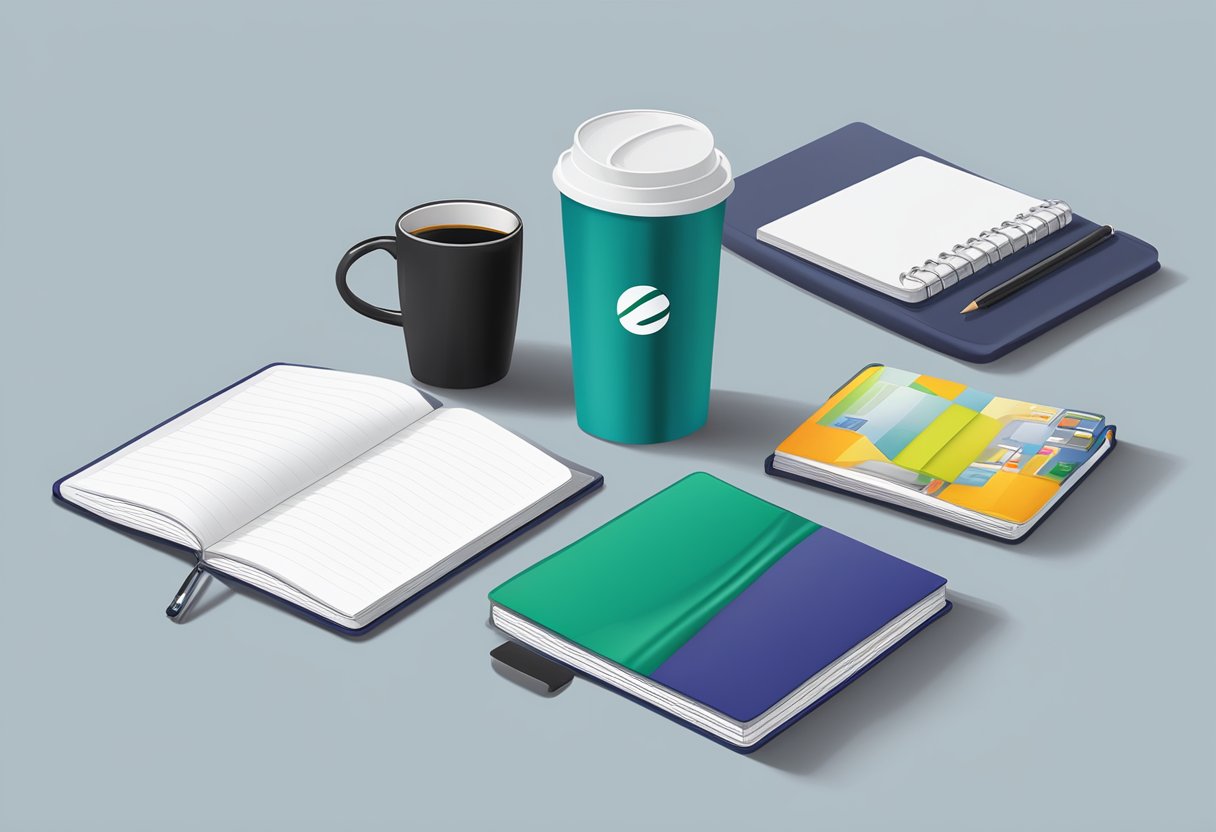 A table filled with branded merchandise: notebooks, mugs, and tote bags. A banner with the company logo hangs in the background