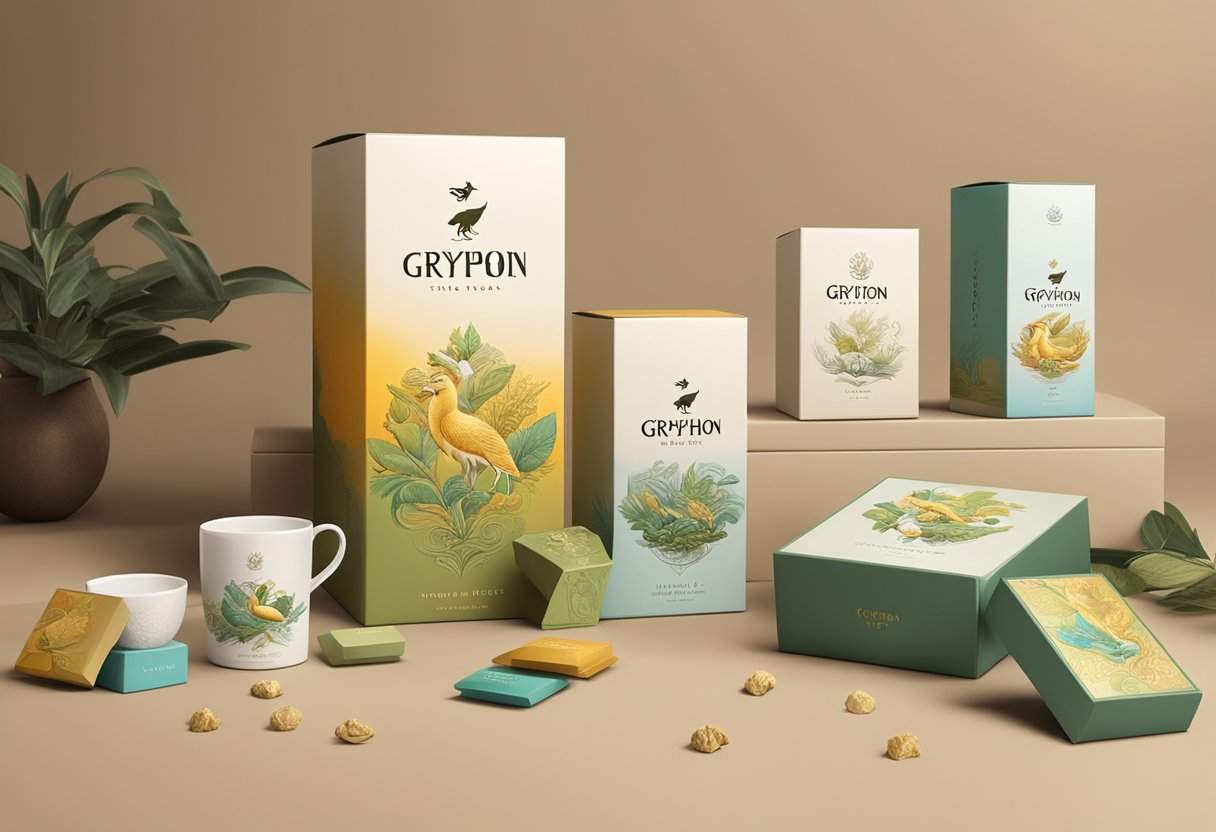 A gryphon tea logo embossed on elegant gift boxes surrounded by assorted tea blends and luxurious packaging materials