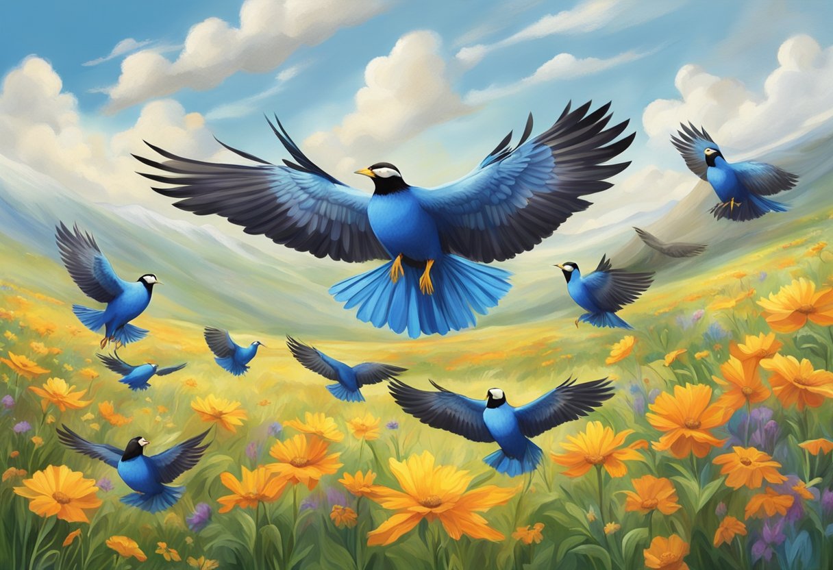A flock of switts darting through a vibrant meadow, their wings creating a mesmerizing display of color and movement