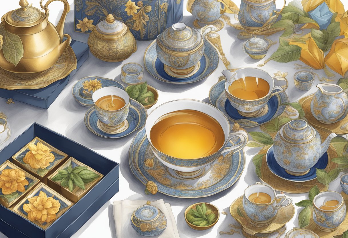 A table displays Gryphon Tea's exclusive collections and corporate gifts, surrounded by elegant packaging and tea accessories