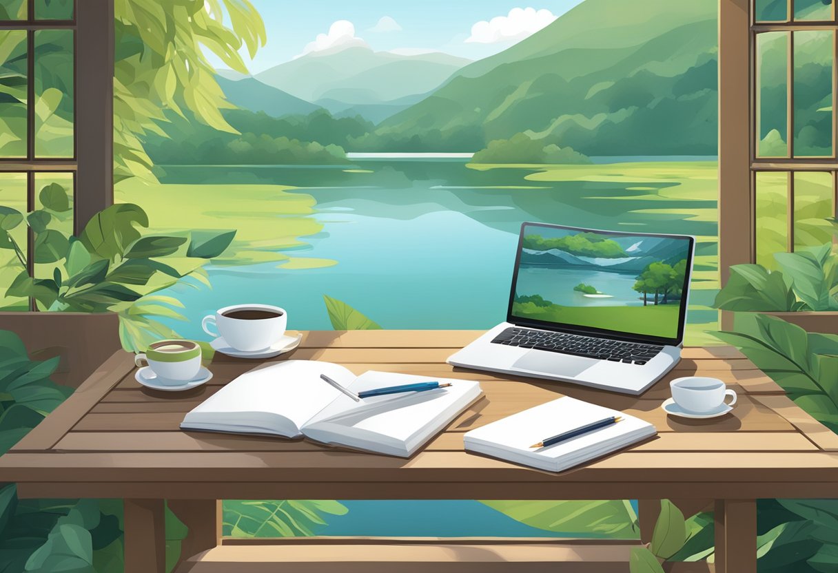 A table adorned with branded notebooks, pens, and mugs. A backdrop of lush greenery and a serene lake