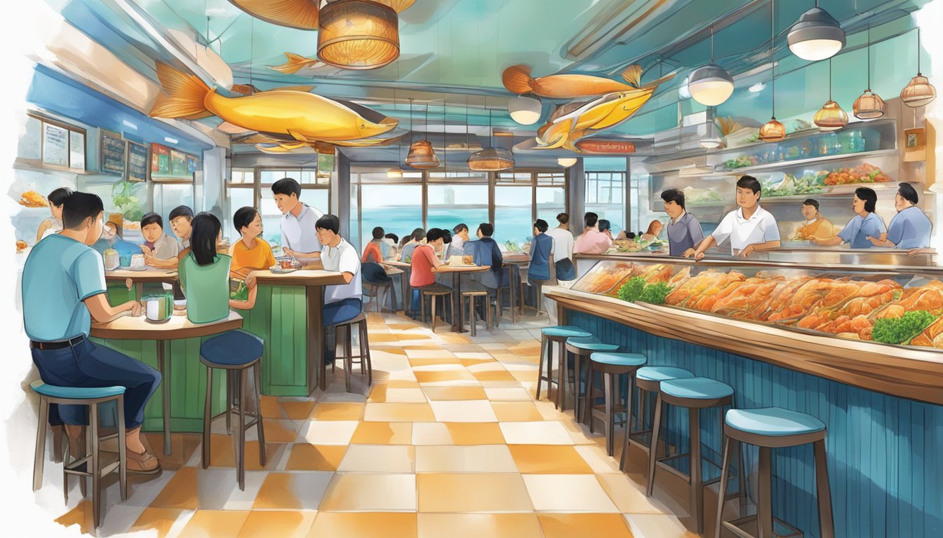 The bustling atmosphere of Orkid Ria Seafood Restaurant in Singapore, with colorful decor and a lively seafood display