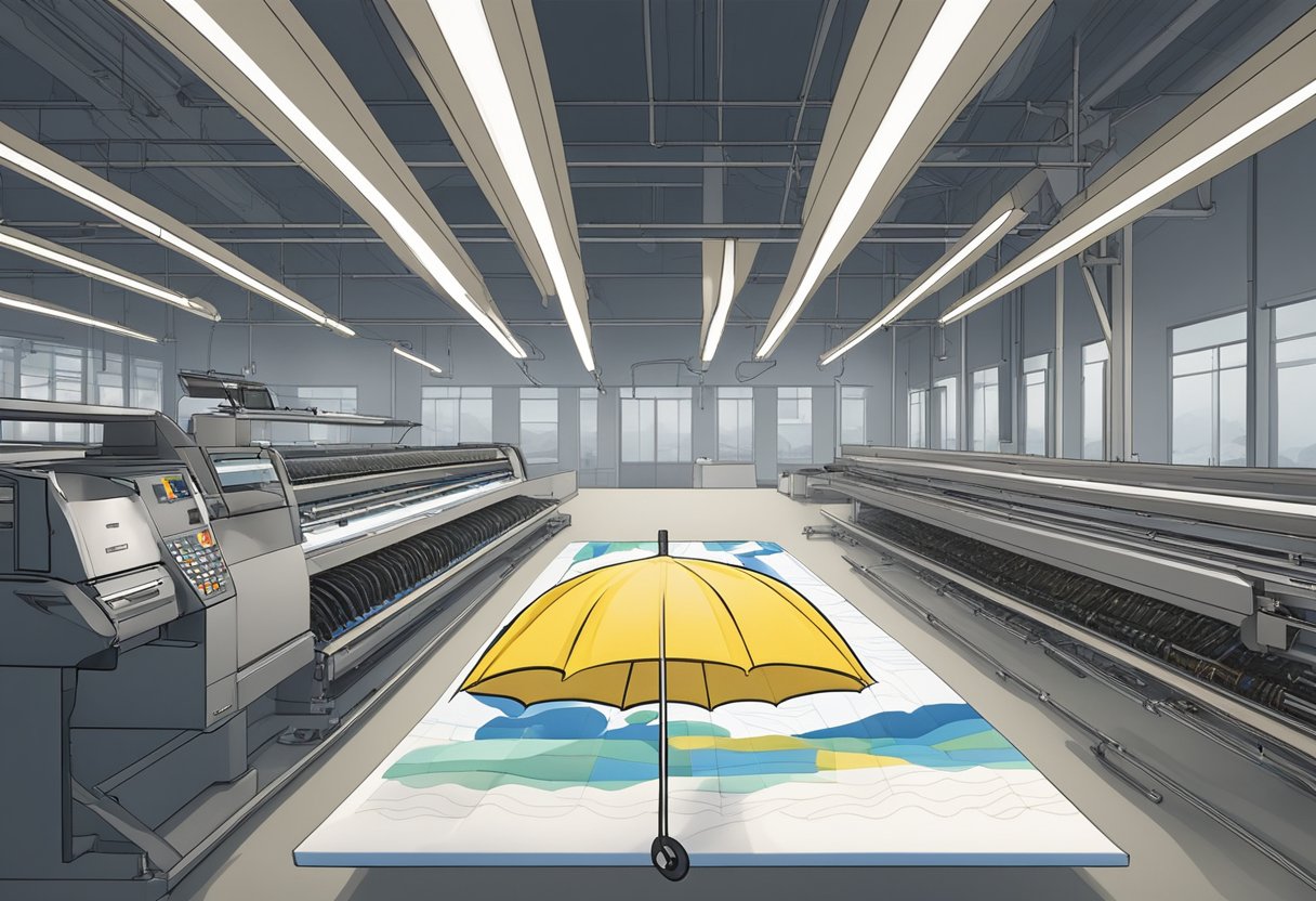 A golf umbrella sits on a printing machine, with the design being printed onto the fabric in a factory setting