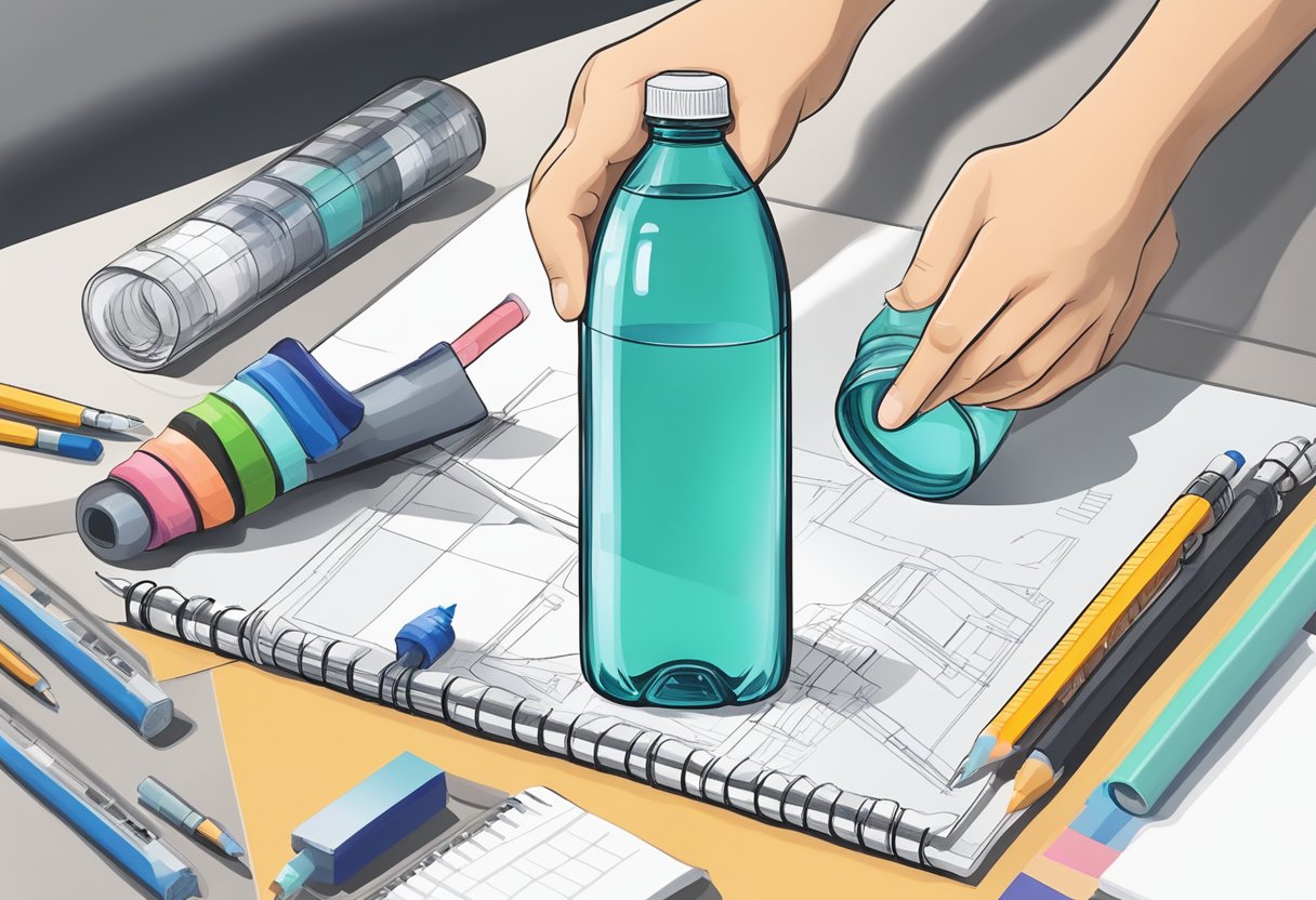 A hand holding a blank water bottle, surrounded by design tools and materials like markers, stickers, and stencils