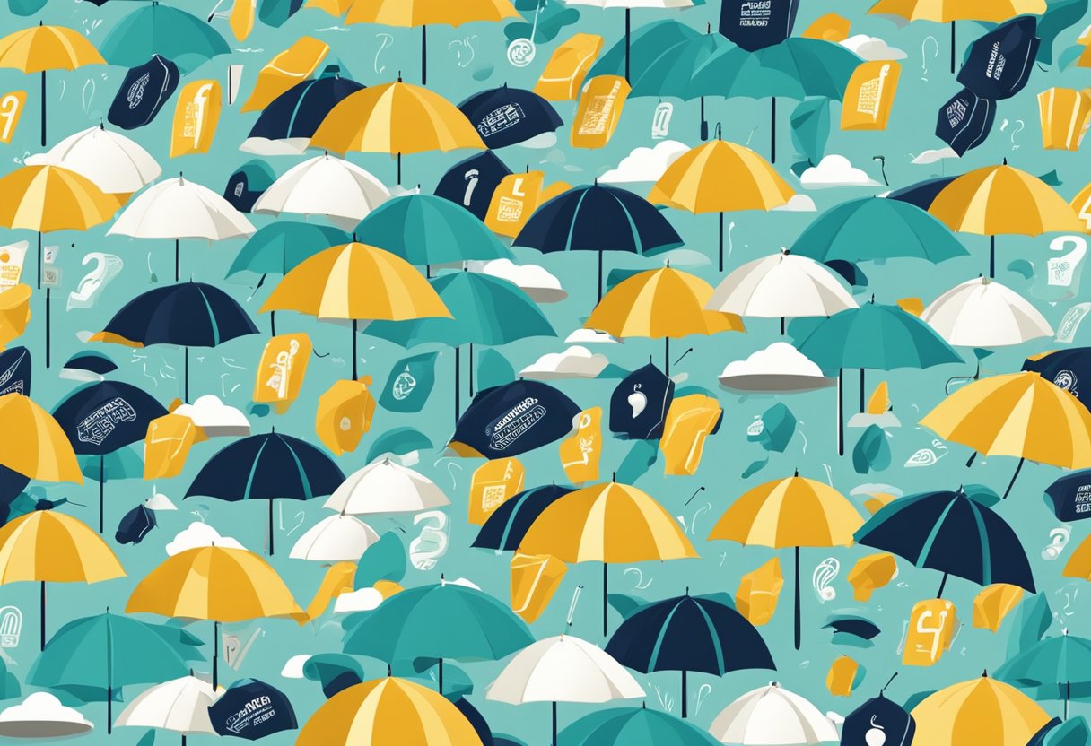 A golf umbrella with "Frequently Asked Questions" printed in bold letters, surrounded by various symbols and icons related to customer inquiries
