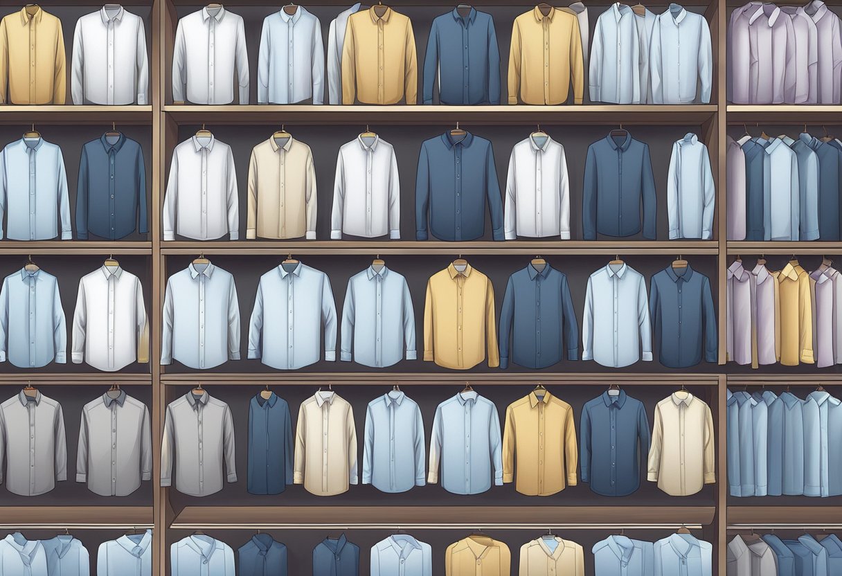 A row of neatly folded corporate shirts on a shelf