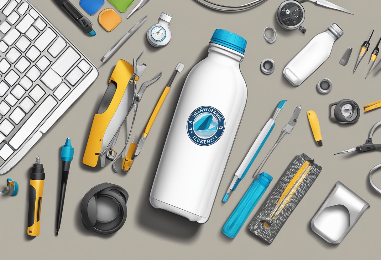 A water bottle being customised with a logo and text, surrounded by design tools and equipment on a work table