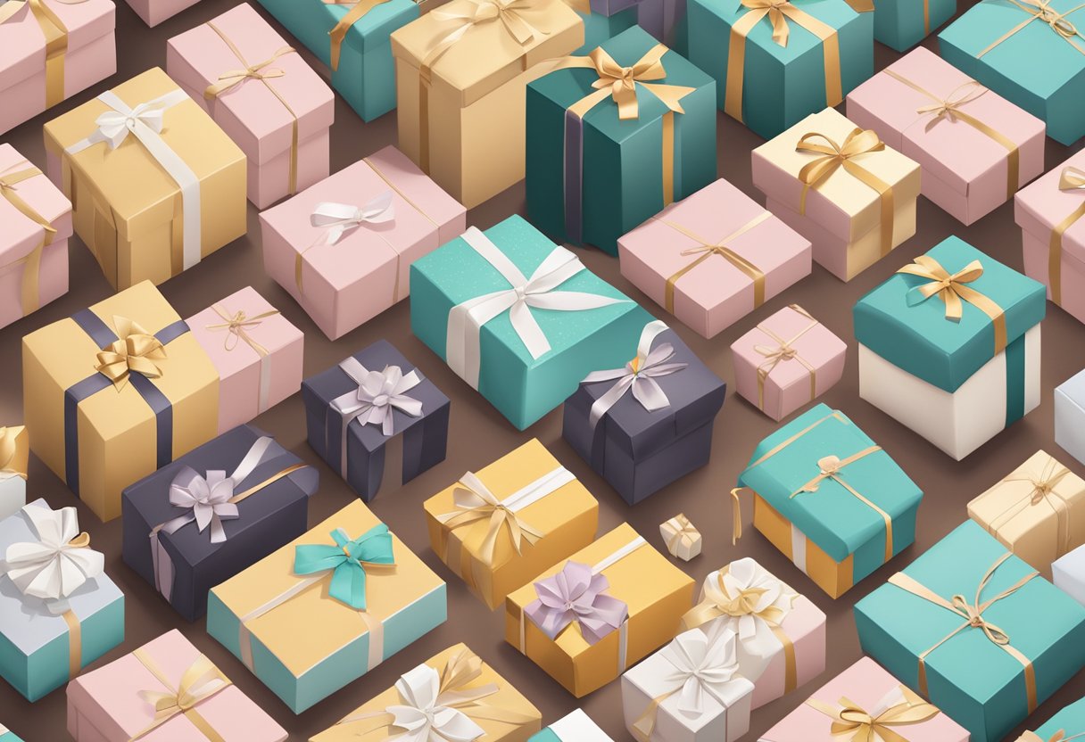 Gift boxes arranged in a neat row, each adorned with the company logo and filled with customized items related to the retreat theme