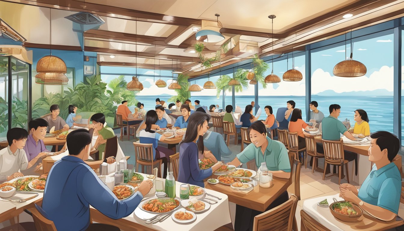 Customers enjoying a variety of seafood dishes at Orkid Ria Seafood Restaurant, with the restaurant's vibrant and bustling atmosphere in the background