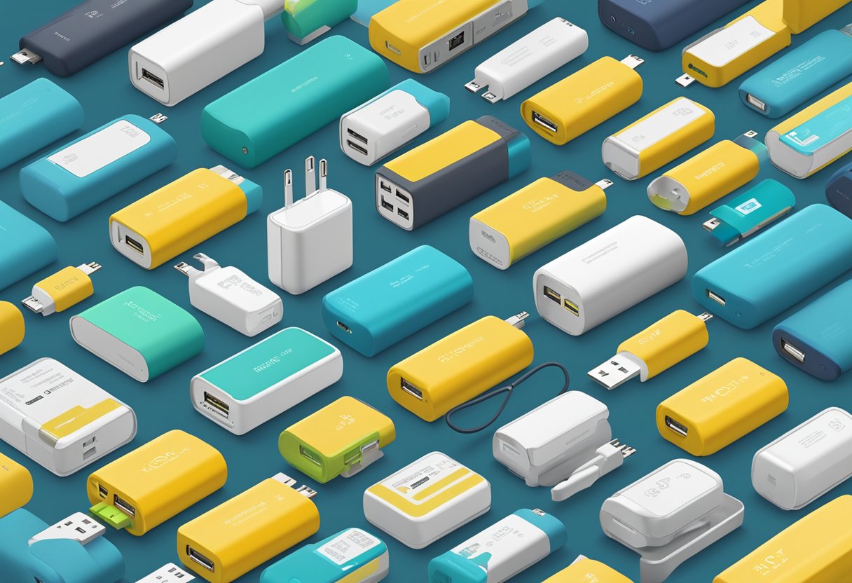 Multiple portable chargers stacked in a neat row, with packaging labeled for promotional use