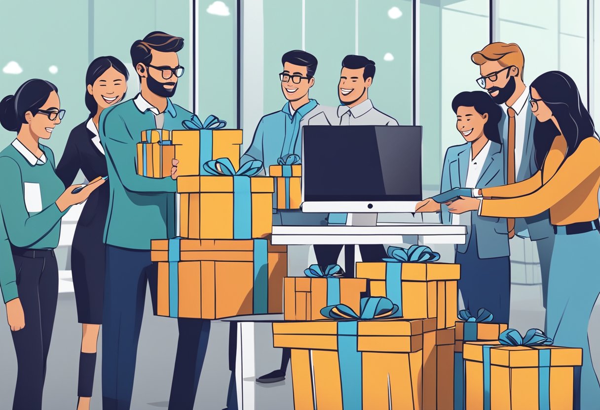 A group of employees exchanging branded gifts in a modern office setting