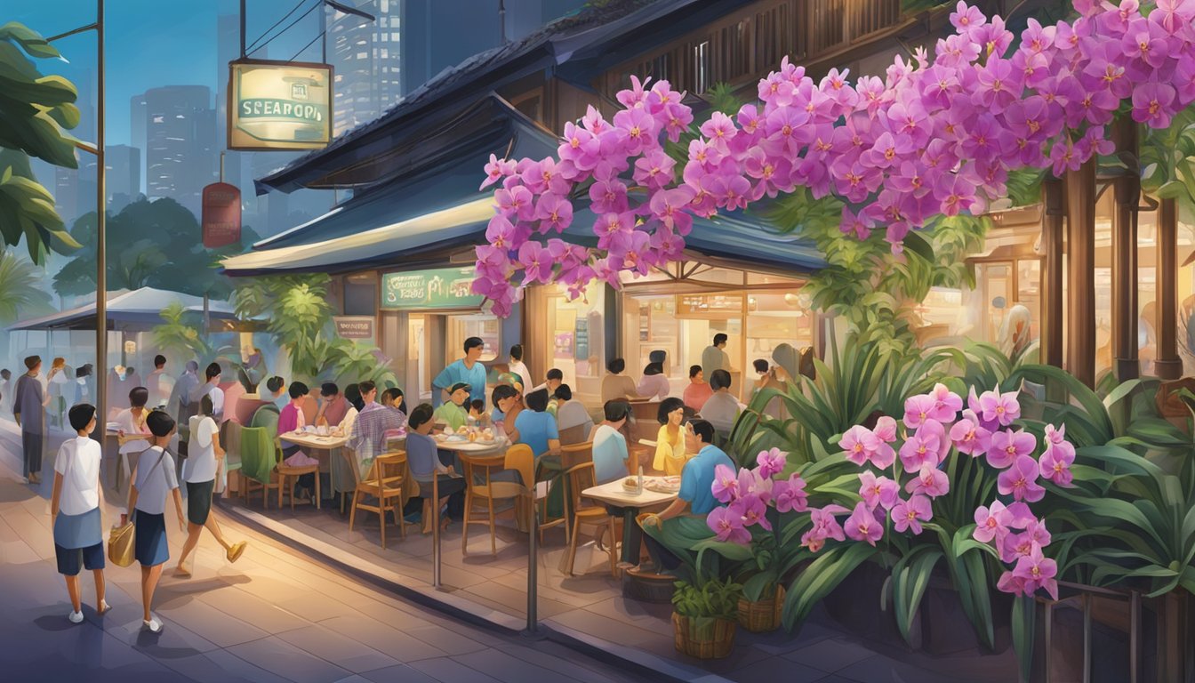 A bustling seafood restaurant in Singapore, with colorful orchids adorning the entrance and a prominent "Visitor Information" sign