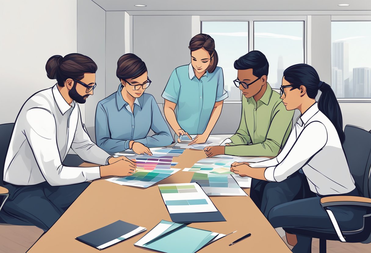 Employees in a meeting room, discussing shirt designs. Samples and fabric swatches laid out on a table. Company logo prominently displayed on a digital mock-up