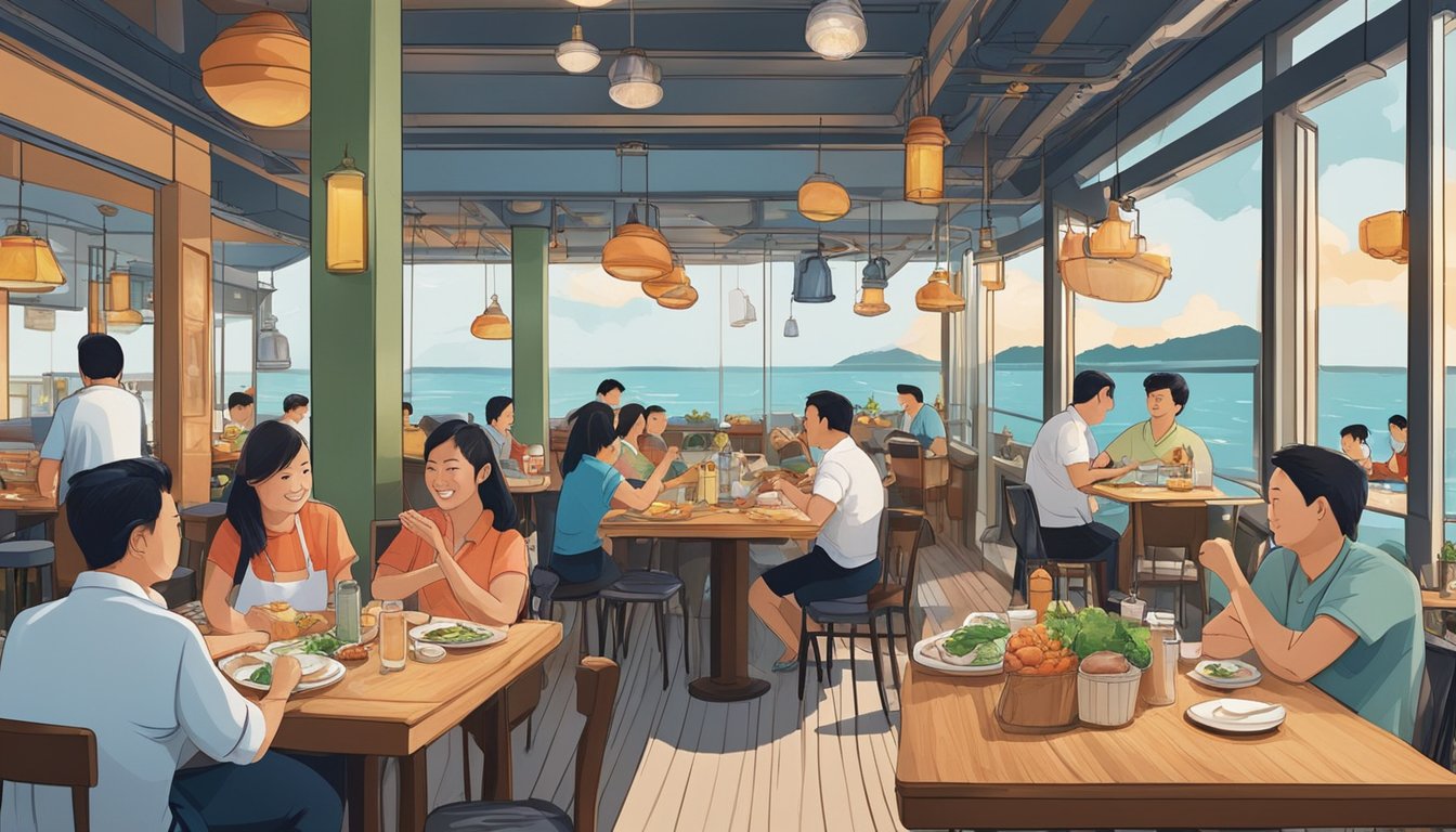 A bustling seafood restaurant in Singapore, with diners enjoying fresh catches and vibrant decor. The staff are busy attending to customers, while the aroma of delicious dishes fills the air
