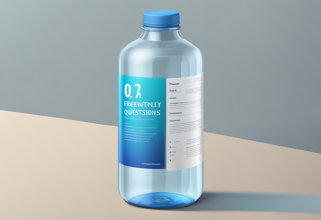 A water bottle with "Frequently Asked Questions" printed on the label, surrounded by various customisation options