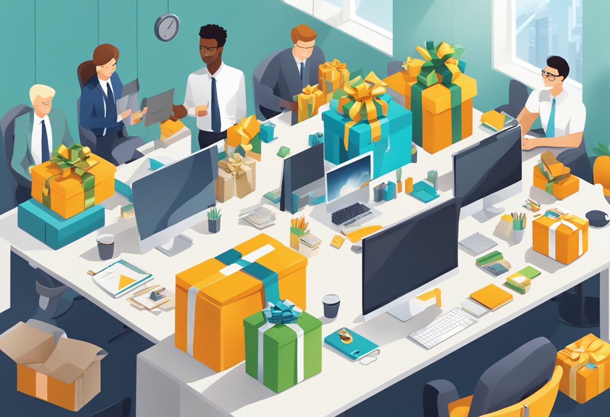 A table adorned with branded gifts, surrounded by smiling colleagues in a modern office setting